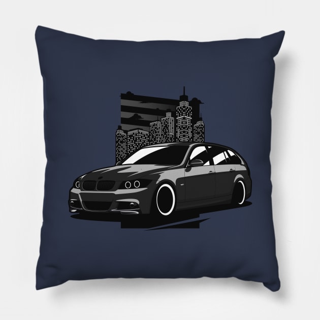 Black E91 Touring City Skyline Pillow by KaroCars