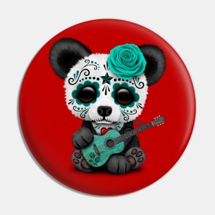 Blue Sugar Skull Panda Playing Guitar Pin