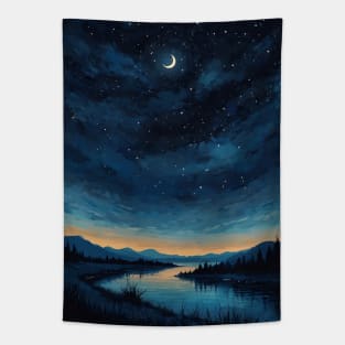 lake with starry night crescent moon Tapestry