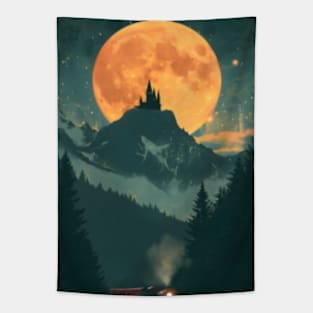 A Train and a Fortress under the Moon - Fantasy Tapestry