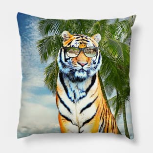 Big Cat Tiger Wearing Sunglasses On Beach Pillow