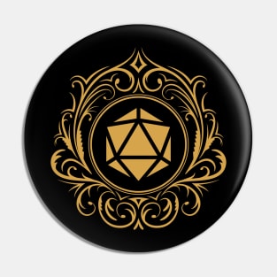 Polyhedral D20 Dice Vintage Emblem Tabletop RPG Gaming Pin