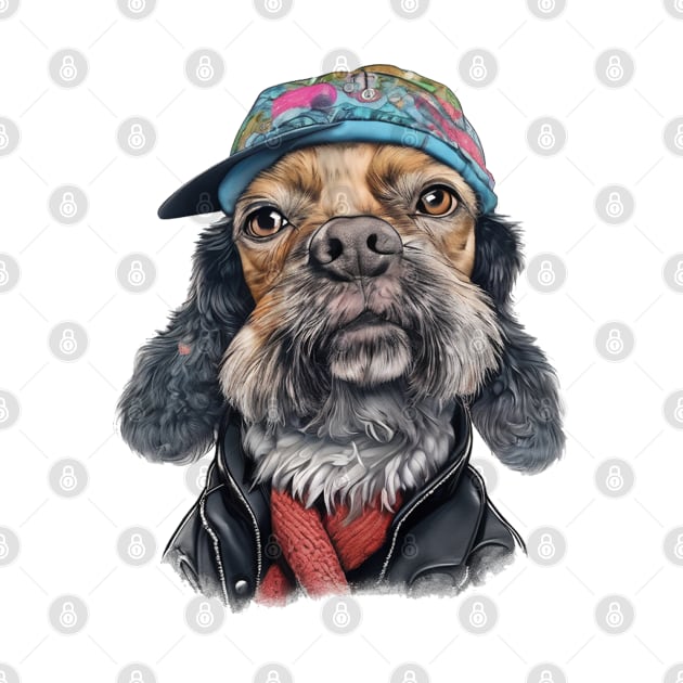 Schnauzer dog wearing a leather jacket and a cap by JnS Merch Store