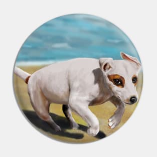 Beautiful Little White Chihuahua Running on The Beach Pin