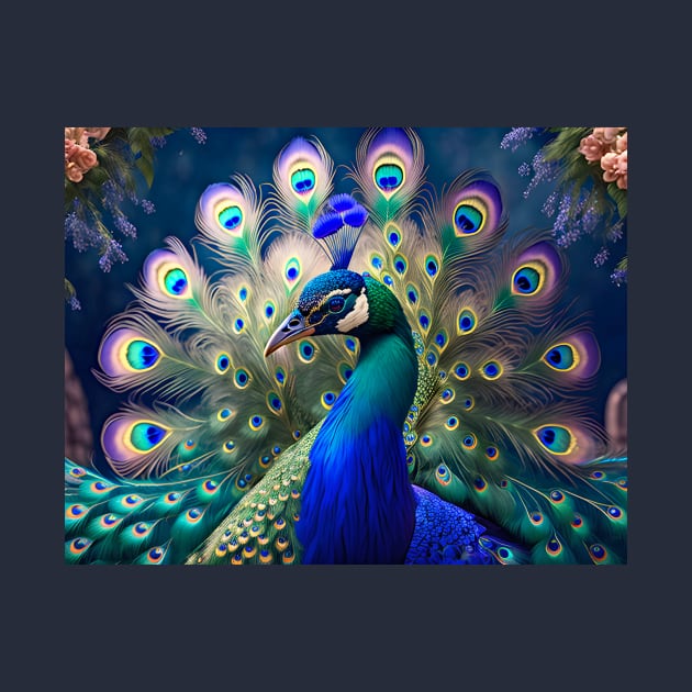 Gorgeous peacock with teal and gold plumage by MarionsArt