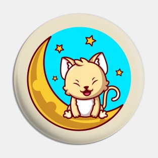 Cute Cat Sitting On Sickle Moon With Stars Cartoon Pin