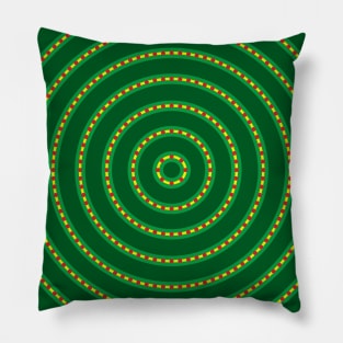 Round Bullseye Pattern no.3 Dark and Medium Green and Yellow with Red dotted lines Pillow