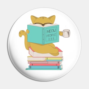 Cat with glasses drinking coffee or tea and reading book Pin