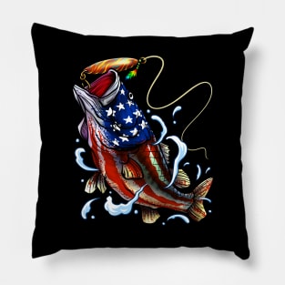 Bass Fishing - American Flag - Fourth Of July Pillow