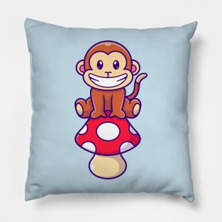 Cute Monkey Sitting On Mushroom Cartoon Pillow