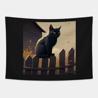 Black Cat on fence sticker Tapestry