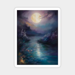 Moonlit Lake Surrounded by Blooming Trees and Mountain Magnet
