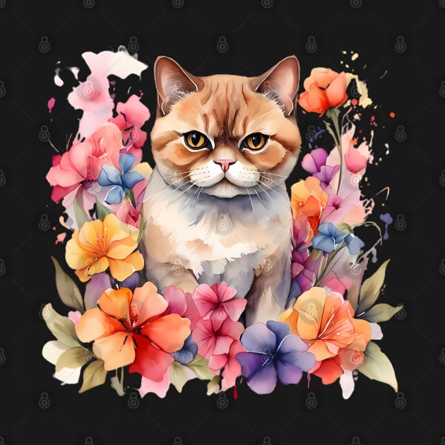 An exotic shorthair cat decorated with beautiful watercolor flowers by CreativeSparkzz