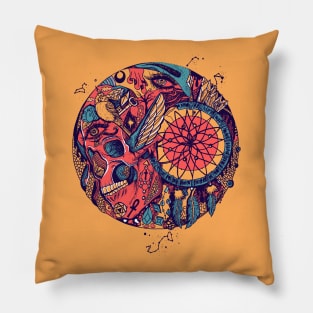 Retro Triad Skull and Dreamcatcher Circle Pillow