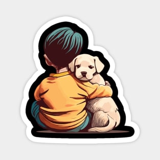 a little child with a cute dog in his arms Magnet