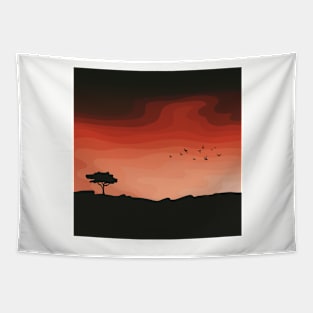 Flock of Birds and Tree Silhouette Against a Sunset, Landscape Digital Illustration Tapestry