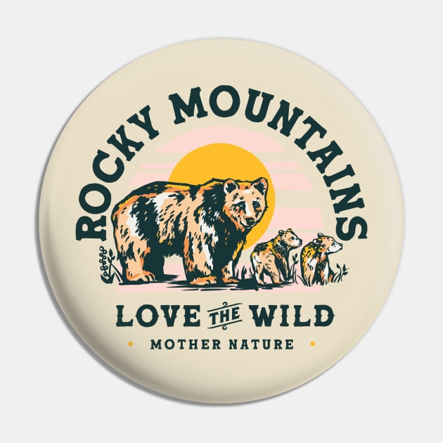 Rocky Mountains Travel Art Design Featuring A Grizzly Bear Pin by The Whiskey Ginger