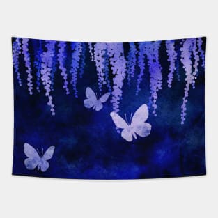 Wisteria and Butterflies Negative Painting Blue Tapestry