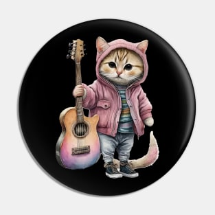 Cute Little Cat With a Guitar Wearing Pink Jacket Pin