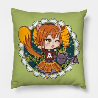 Kawaii Halloween Chibi Fox with a bat Pillow