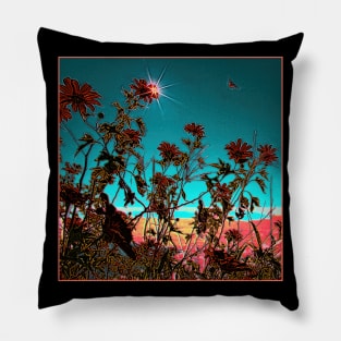 Abstract surreal landscape, flower and butterfly colorful graphic. Pillow