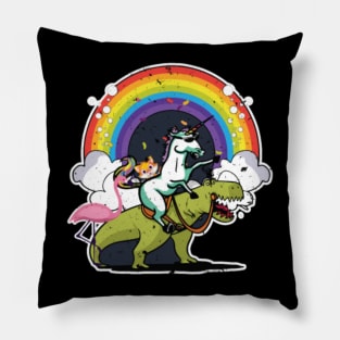 Unicorn Riding T Rex With A Cat, Flamingo, Rainbow Pillow