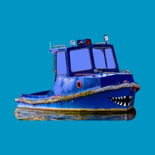 A Blue boat with shark jaws painted on its bow T-Shirt