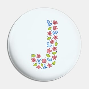 Floral Monogram Letter J - pink and blue Pin