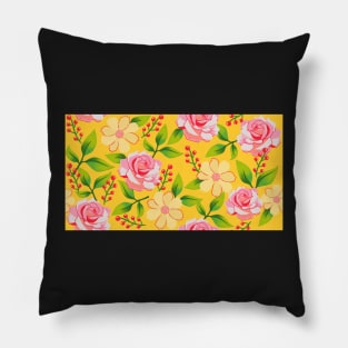 Pretty Roses and Red Berries on Bright Yellow Pillow