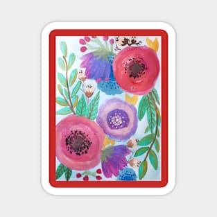 Watercolor red and purple flowers and leaves Magnet