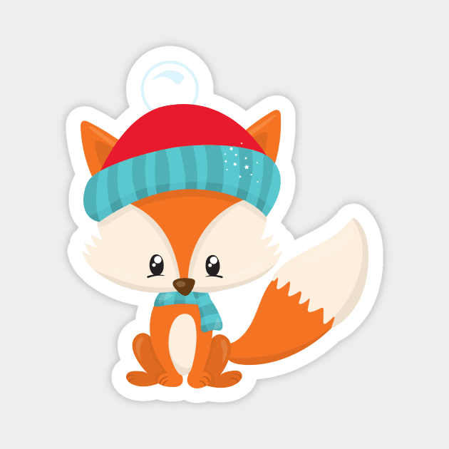 Winter Fox, Cute Fox, Fox With Hat, Fox With Scarf Magnet by Jelena Dunčević