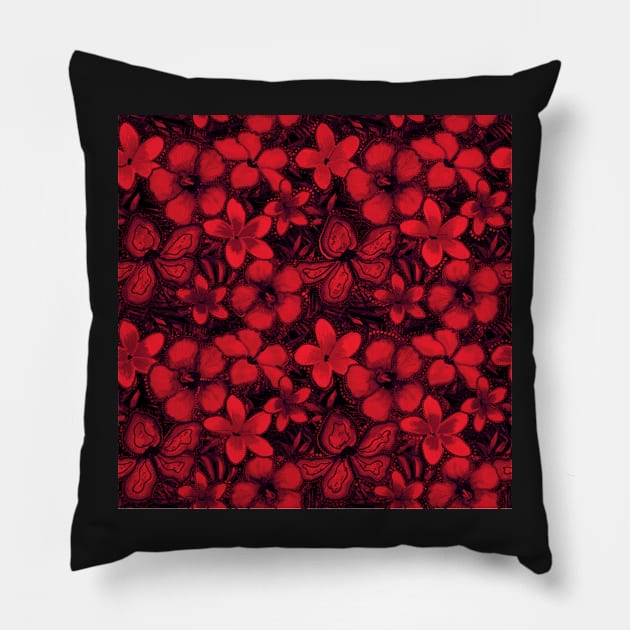 Tropical Flowers Hibiscus and Frangipani Red and Black Pattern Pillow by traceyart