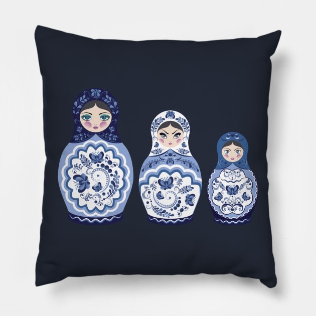 Blue Matryoshka Dolls Pillow by AnnArtshock