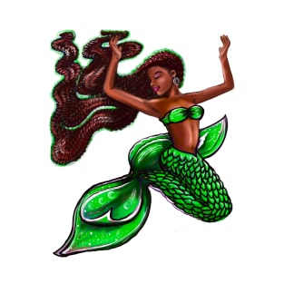 Black mermaid with rainbow fins, red locs Afro hair and brown skin. African American Mermaids T-Shirt