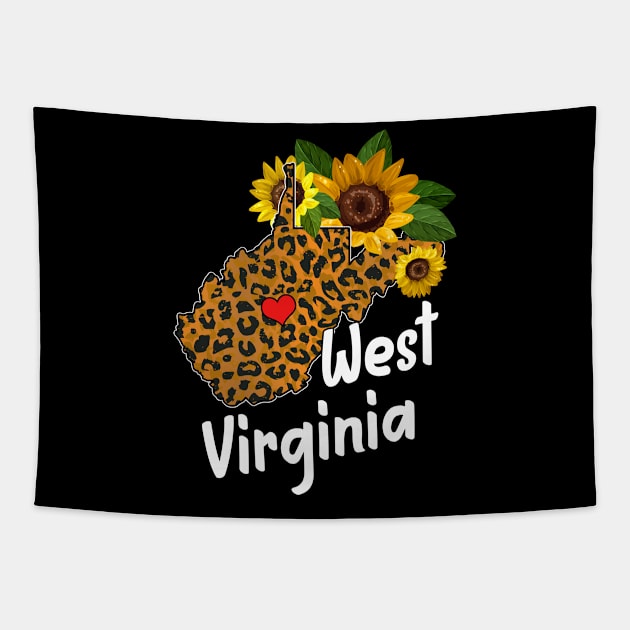 West Virginia Sunflower Leopard Mountain State Map Root Pride Funny WV Shirts Women Men Tapestry by Norine Linan 