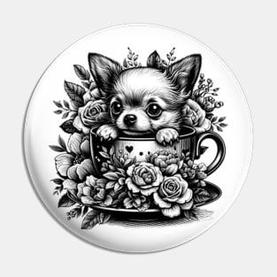 chihuahua peeking dog out from a teacup, surrounded by delicate flowers Pin