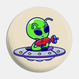 Cute Alien Holding Gun On UFO Spaceship Cartoon Pin
