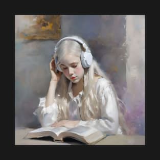 Blonde Girl With Headphones Reading Book A T-Shirt