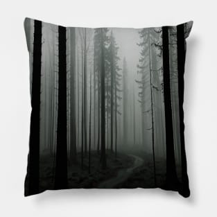 Pathway in a Misty Pine Forest Pillow