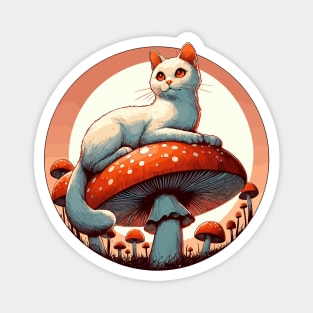 Funny Vintage White Cat in Mushroom Garden Magnet