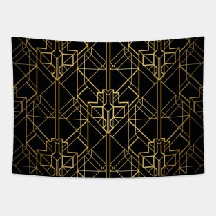 Black and Gold Vintage Art Deco Geometric Squares Pattern Tapestry