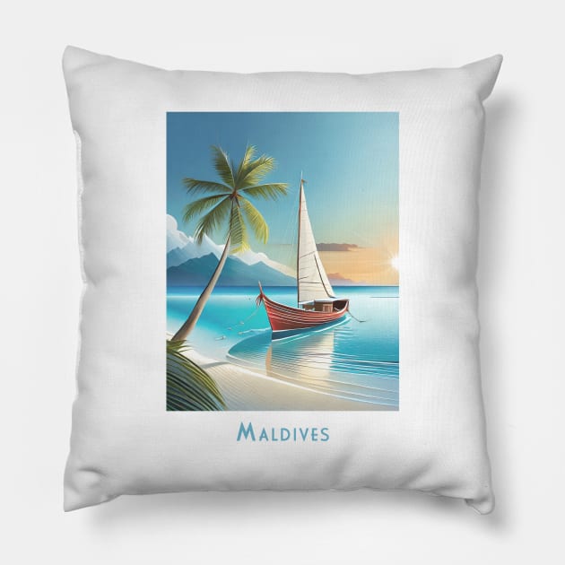 Retro Vintage Travel Serene Maldives Sailing Pillow by POD24