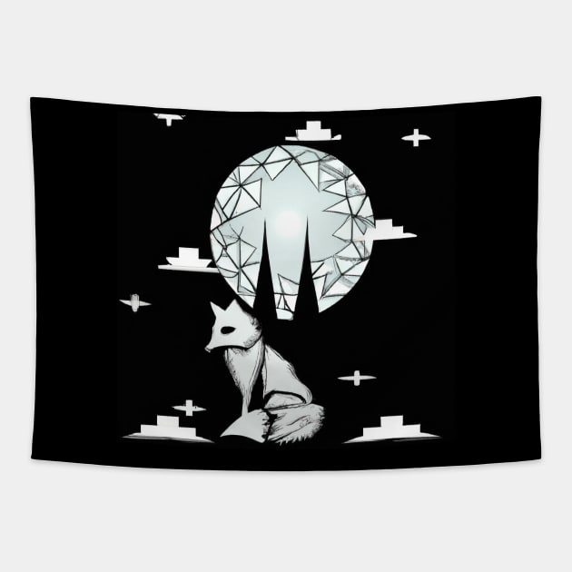 Black and White Geometric Fox Minimalist Forest At Night Tapestry by GregFromThePeg