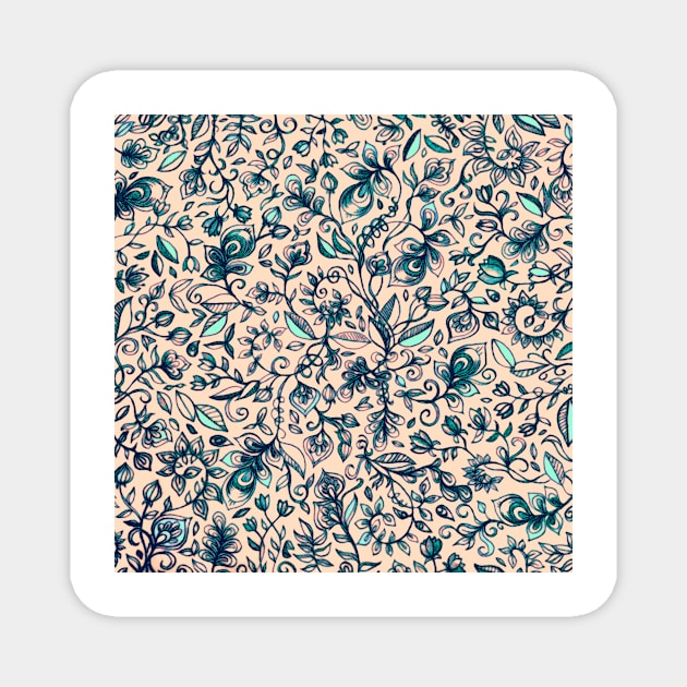 Teal Garden - floral doodle pattern in cream & navy blue Magnet by micklyn