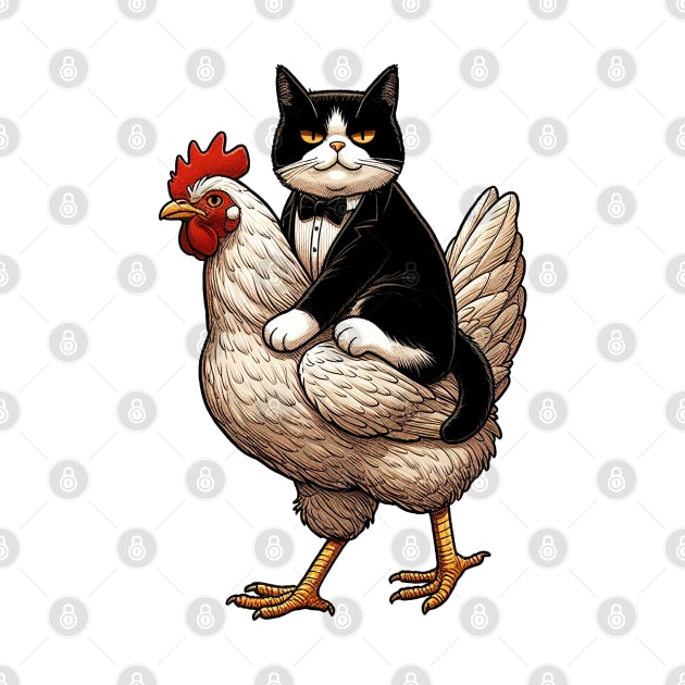 Tuxedo Cat Riding on A Chicken by Mr.PopArts