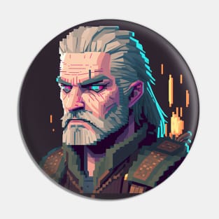 Pixel art illustration of the concentrated Witcher Geralt Pin