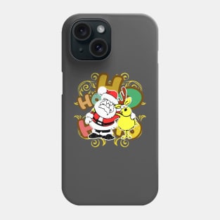 Ho ho ho Santa Claus and Rudolf the reindeer in friendly embrace in a Christmas atmosphere against the background of colorful letters Phone Case