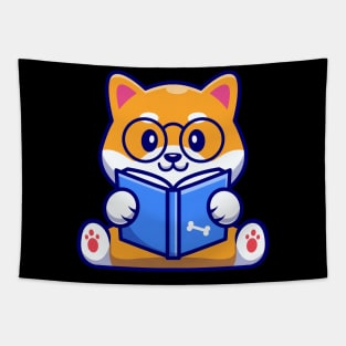 Cute Shiba Inu Dog Reading Book Cartoon Tapestry