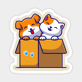 Cute Dog And Cute Cat Playing In Box Cartoon Magnet