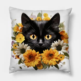 Cute Black Cat with Flowers Pillow